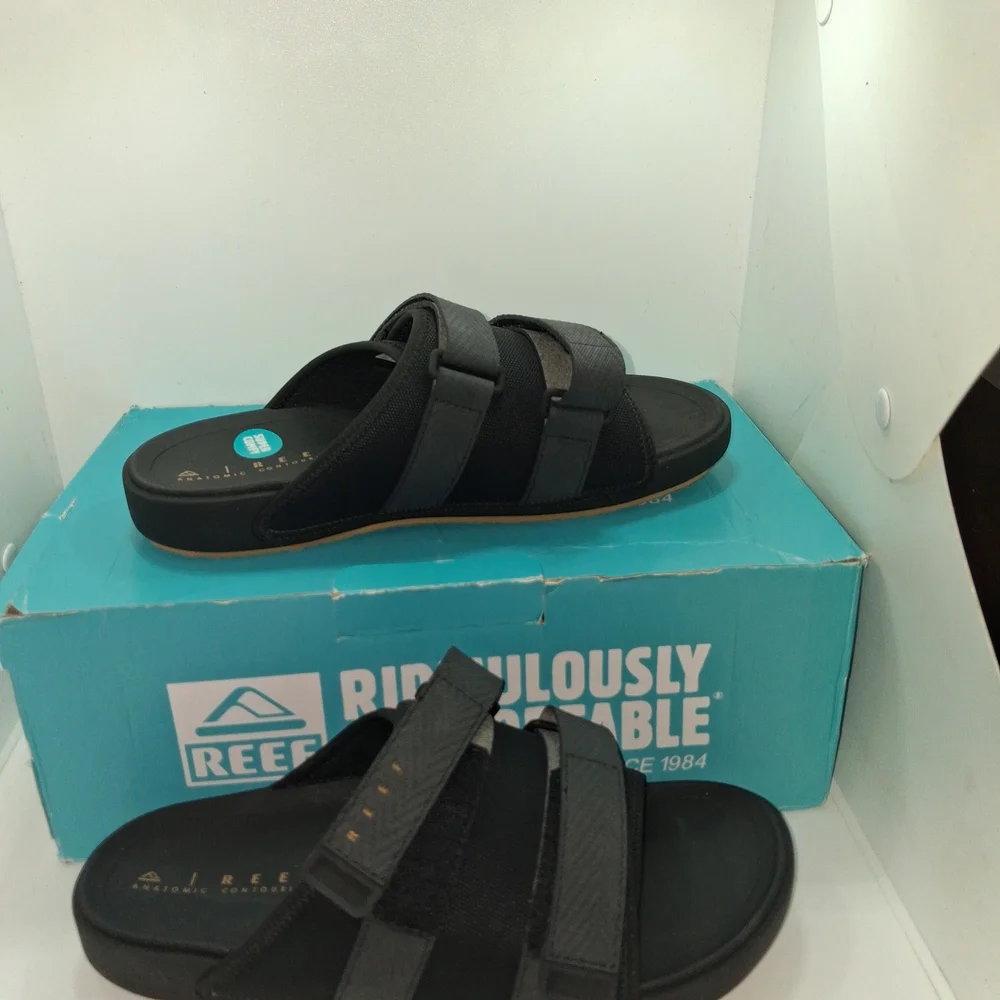 Reef Men's Black and Dark Gray Strapped Slide Sandals